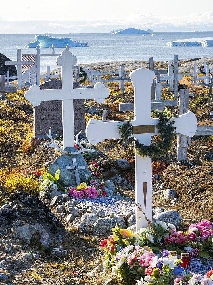 The cemetery.The Inuit village Oqaatsut (once called Rodebay) located in the Disko Bay. America, North America, Greenland, Denmark