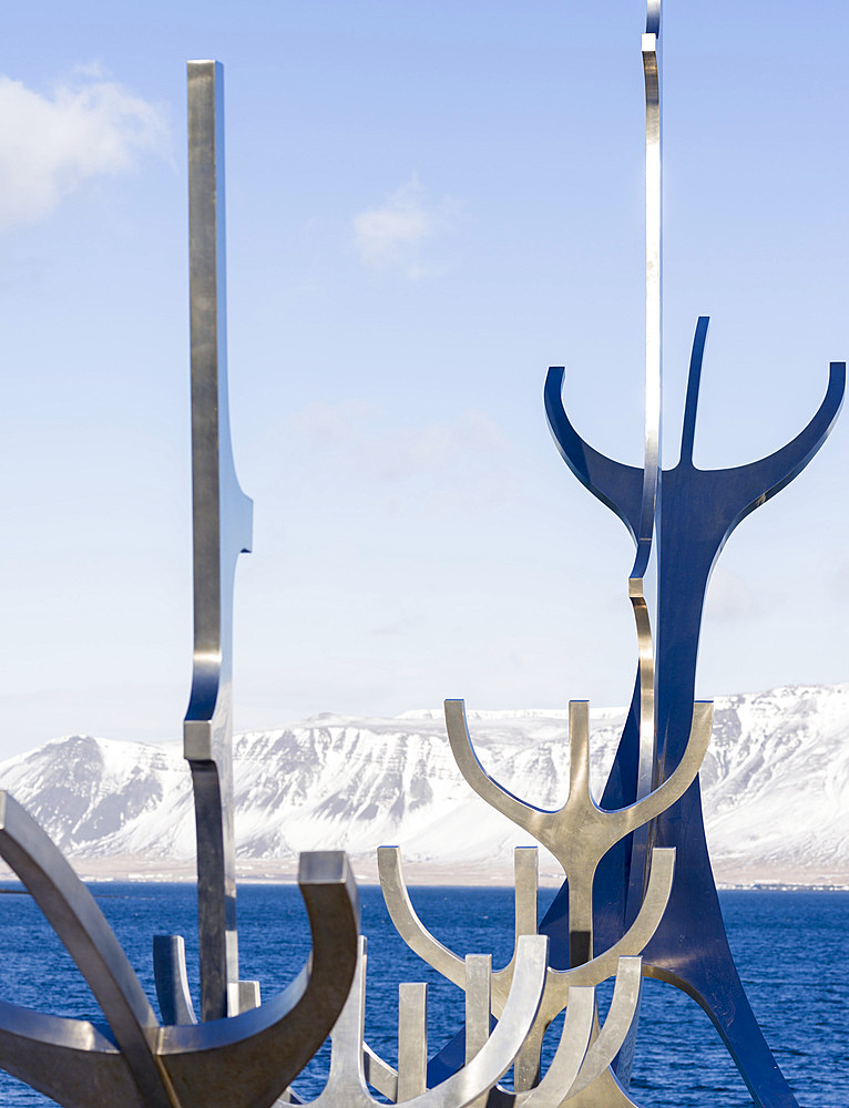 Solfar, a landmark of Reykjavik. Solfar icelandic for Sun Voyager is a sculpture made of stainless steel in the harbour of Reykjavik created by the artist Jon Gunnar Arnason. europe, northern europe, iceland, February