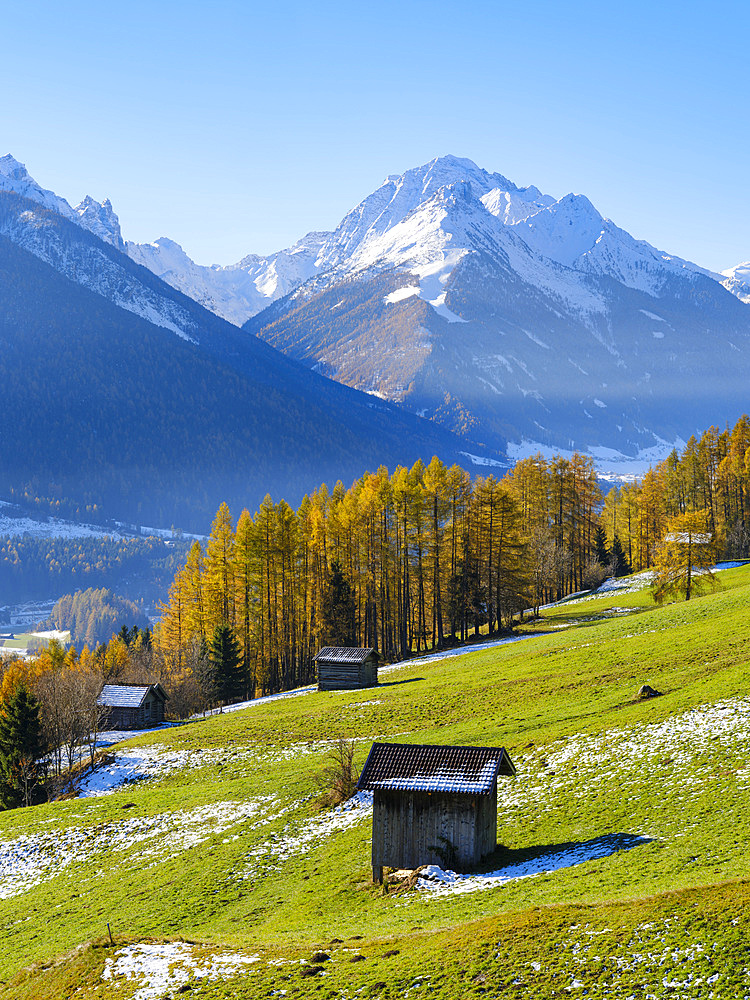 Autumn at the Telfer Wiesen in the valley Stubai, Mount Habicht in the background. Europe, Central Europe, Austria, Tyrol