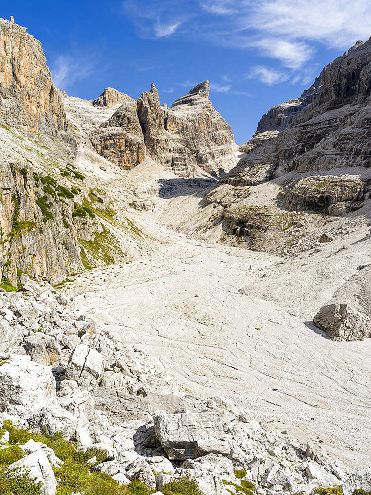 Bocca del Tuckett and Cima Sella. The Brenta Dolomites, listed as UNESCO world heritage Dolomites. Europe, Italy, Trentino, Val Rendena