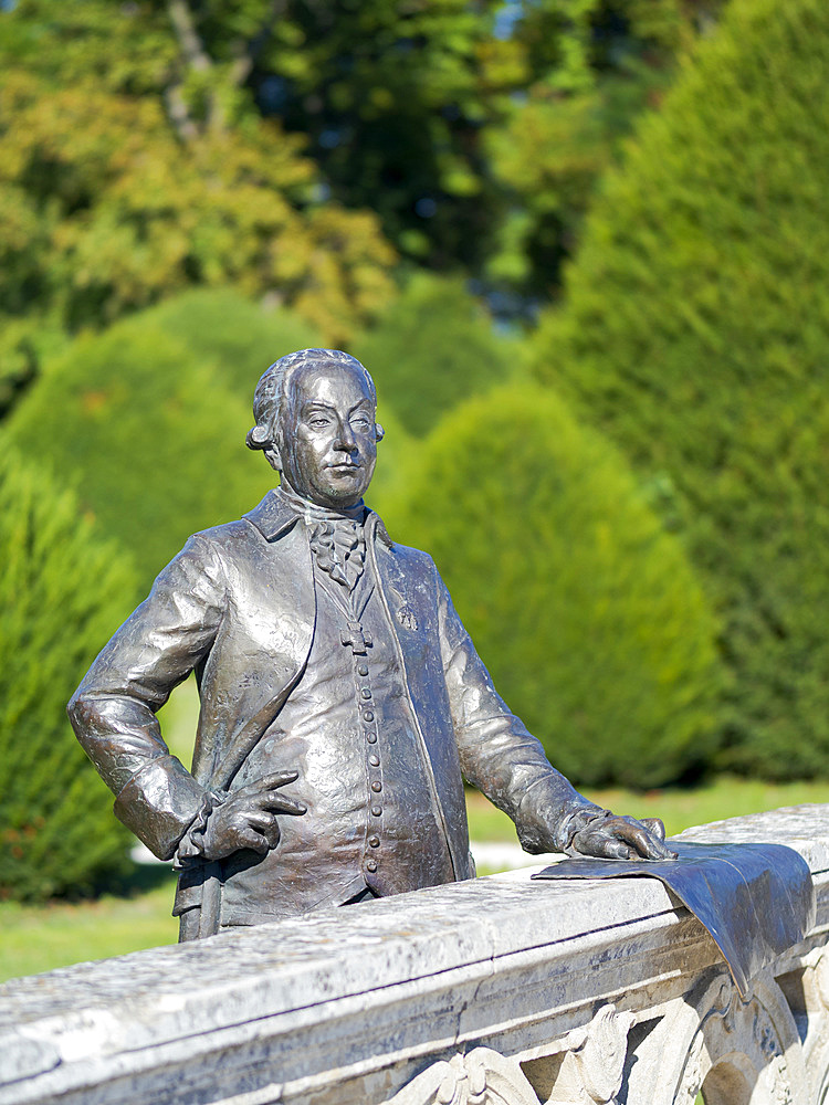 Statue of Esterhazy Fenyes Miklos. Esterhazy Palace also called Eszterhaza or Fertoed. Part of UNESCO world heritage Fertoe - Neusiedlersee Cultural Landscape. Europe, Eastern Europe, Hungary