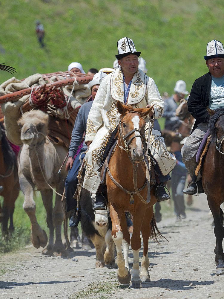 Reenactors. Folk Festival commemorating the origin myth the Tien Shan Maral (Tian Shan wapiti), an origin myth of the Kyrgyz tribes. Near Tasch Baschat, Naryn region. Asia, Central Aisa, Kyrgyzstan