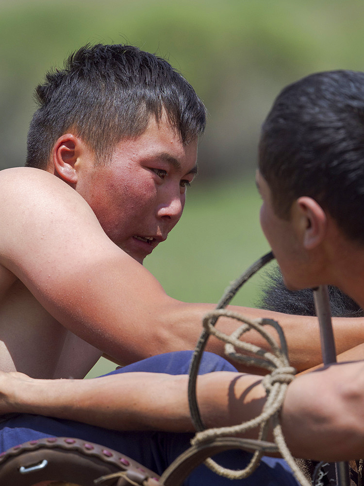 Er Enish oder Oodarysh, wrestling on horseback, a traditional equestrian sport. Folk Festival commemorating the origin myth the Tien Shan Maral (Tian Shan wapiti), an origin myth of the Kyrgyz tribes. Near Tasch Baschat, Naryn region. Asia, Central Aisa, Kyrgyzstan