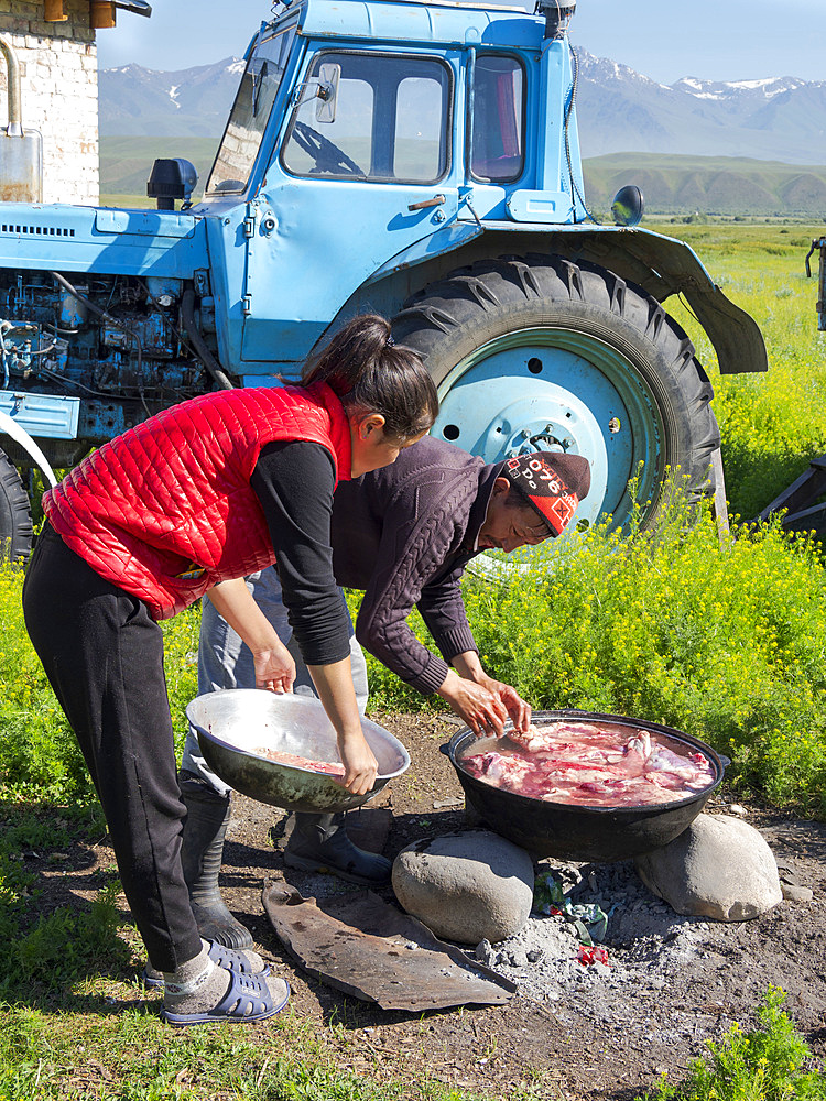 A sheep is slaughtered and cooked for a celebration. A typical farm on the Suusamyr plain, a high valley in Tien Shan Mountains. Asia, central Asia, Kyrgyzstan