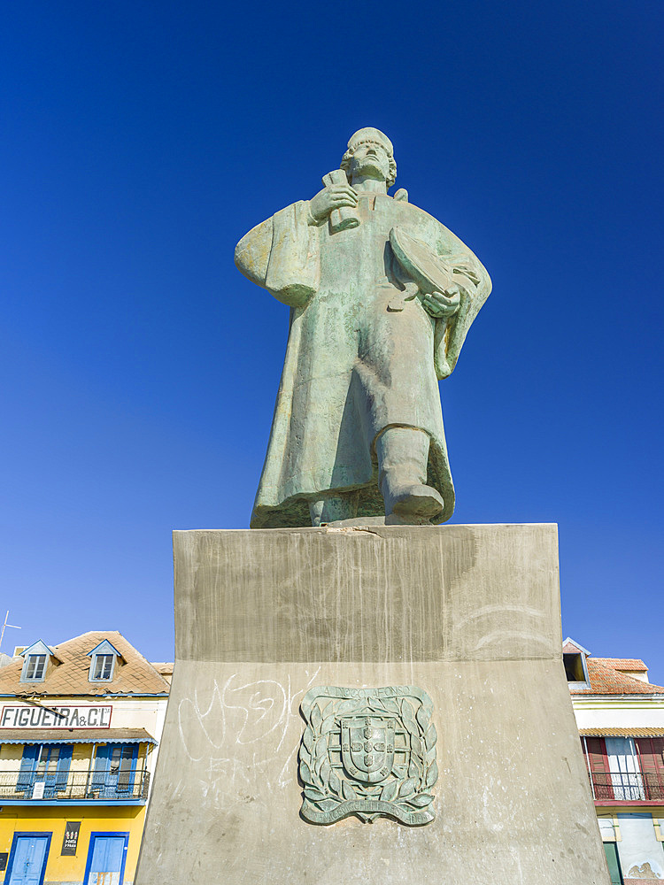 Statue of Diogo Afonso, discoverer of Sao Vicente. City Mindelo, a seaport on the island Sao Vicente, Cape Verde in the equatorial atlantic. Africa, April