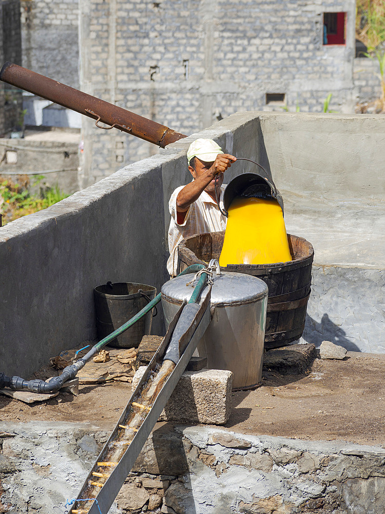 Distillery for Grogue, the local and iconic liquor produced from sugarcane. Valley Ribeira do Paul on the island Santo Antao, Cape Verde in the equatorial atlantic. April