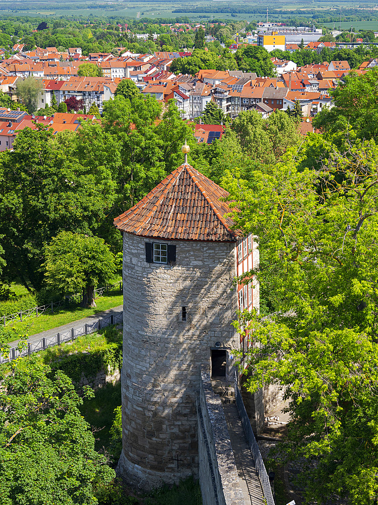 Tower of the old town wall. The medieval town Muehlhausen in Thuringia. Europe, Central Europe, Germany