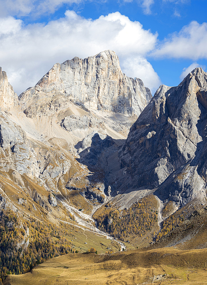 Marmolada from Val Contrin in the Fassa Valley. Marmolada mountain range in the Dolomites of Trentino. Dolomites are part of the UNESCO world heritage. Europe, Central Europe, Italy