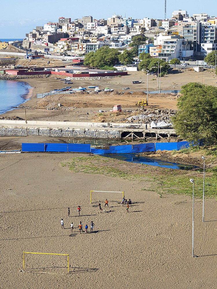 Cityview from Plato towards south, beach Praia Gamboa. The capital Praia on the island of Santiago (Ilha de Santiago), Cape Verde in the equatorial atlantic.