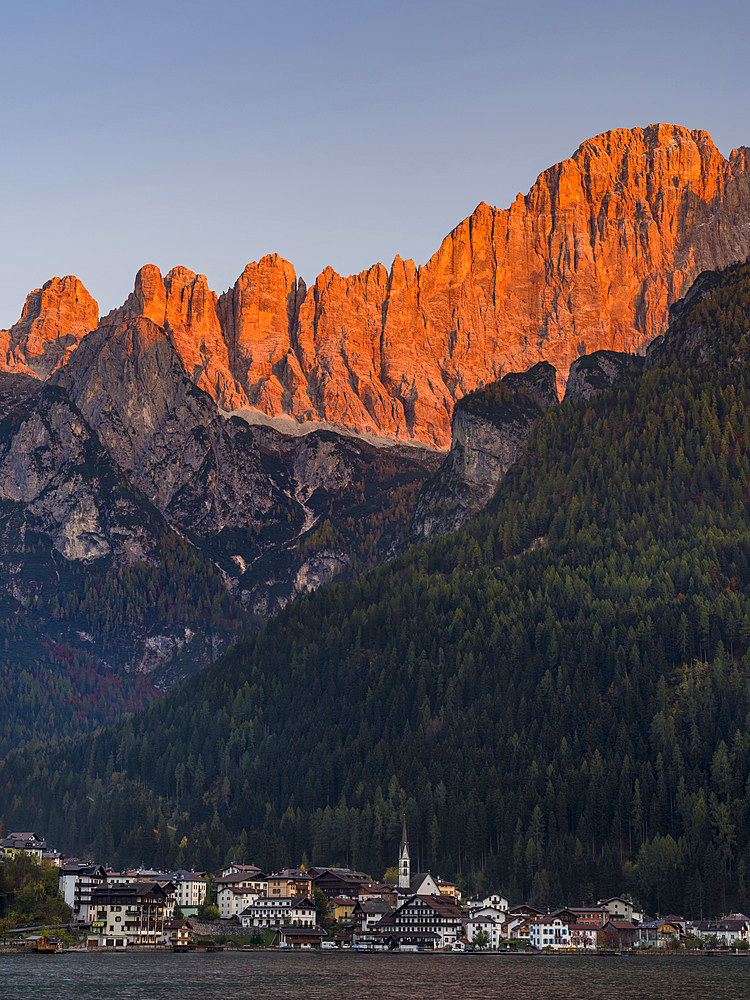 Alleghe at Lago di Alleghe under the peak of Civetta, an icon of the dolomits in the Veneto. Civetta is part of the UNESCO world heritage Dolomites. Europe, Central Europe, Italy