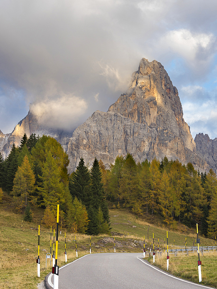 Cimon della Pala seen from Passo Rolle. Pala mountain range (Pale di San Martino) in the dolomites of Trentino. Pala is part of the UNESCO world heritage Dolomites. Europe, Central Europe, Italy