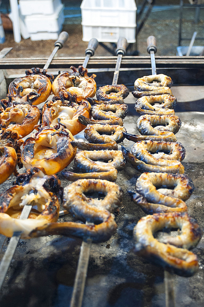 Eels on the spit, typical Sardinia recipe, Campidano, Sardinia, Italy, Europe