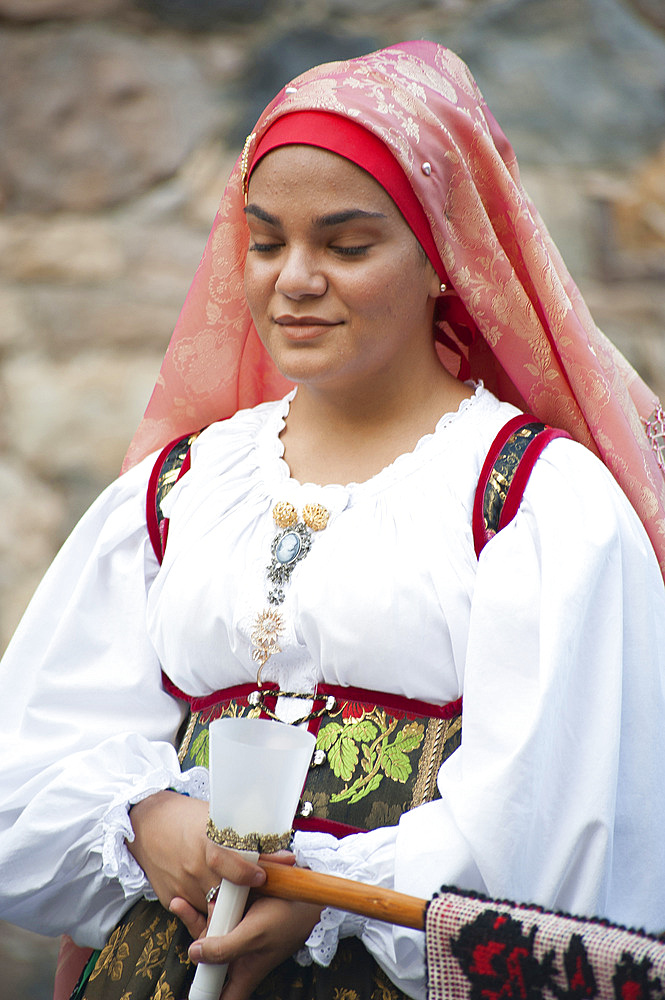 Typical dress of Sardara, Procession of Santa Maria de is Aquas, Sardara, Sardinia, Italy, Europe