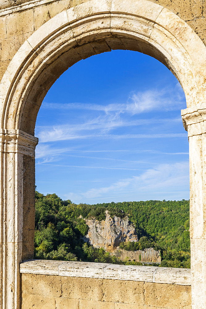 View from Piazza Pietro Busatti, square Archaeological Park of Tufo, Village, Sorano, Tuscany, Italy, Europe