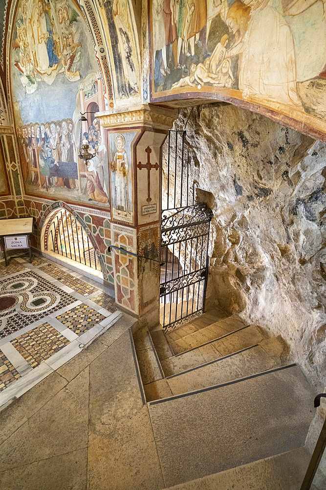 Sanctuary of the Sacro Speco of San Benedetto, Interior, The Holy Stairs, Frescoes, Subiaco, Lazio, Italy, Europe