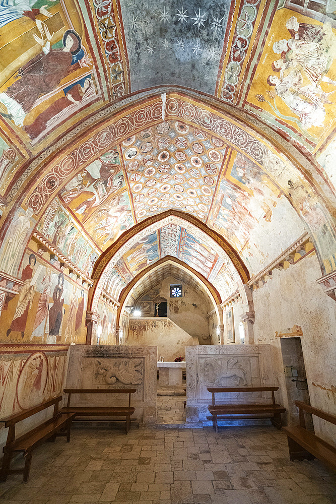 Oratory of San Pellegrino church, Interior, Frescoes, Bominaco, Caporciano, Abruzzo, Italy, Europe