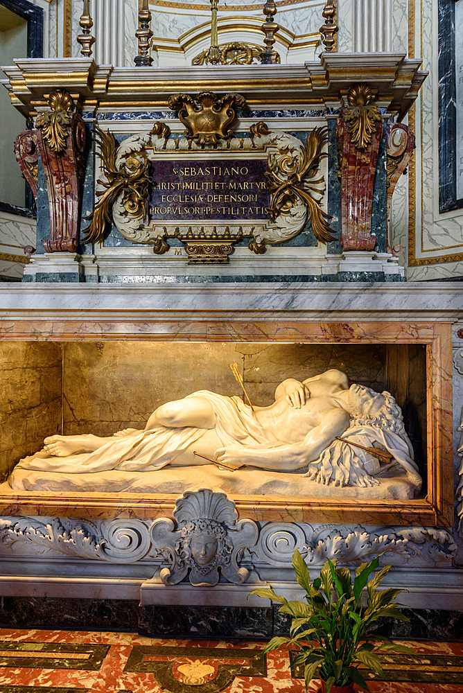 The statue of St Sebastian, Basilica San Sebastiano fuori le mura, Basilica of Saint Sebastian outside the Walls, Rome Lazio, Italy, Europe