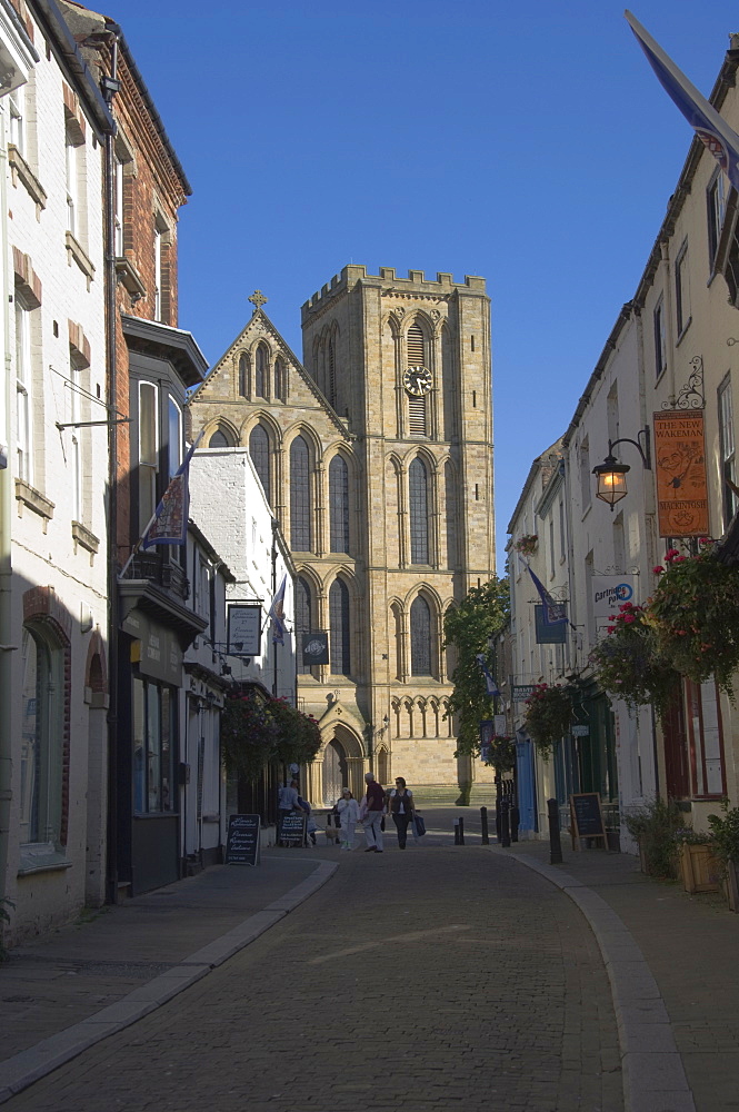 Ripon Cathedral from the pedestrian precinct, Ripon, North Yorkshire, England, United Kingdom, Europe