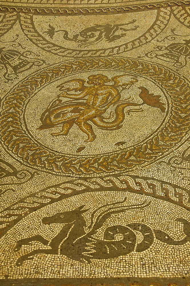 Boy on a dolphin and a flying horse, centre of mosaic floor, Fishbourne Roman Palace, near Chichester, Sussex, England, United Kingdom, Europe