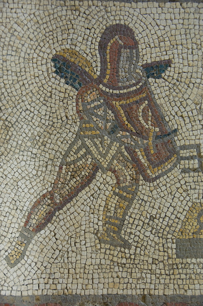 Detail of a gladiator from carpet border in mosaic dating from 350 AD, Roman Villa, Bignor, West Sussex, England, United Kingdom, Europe