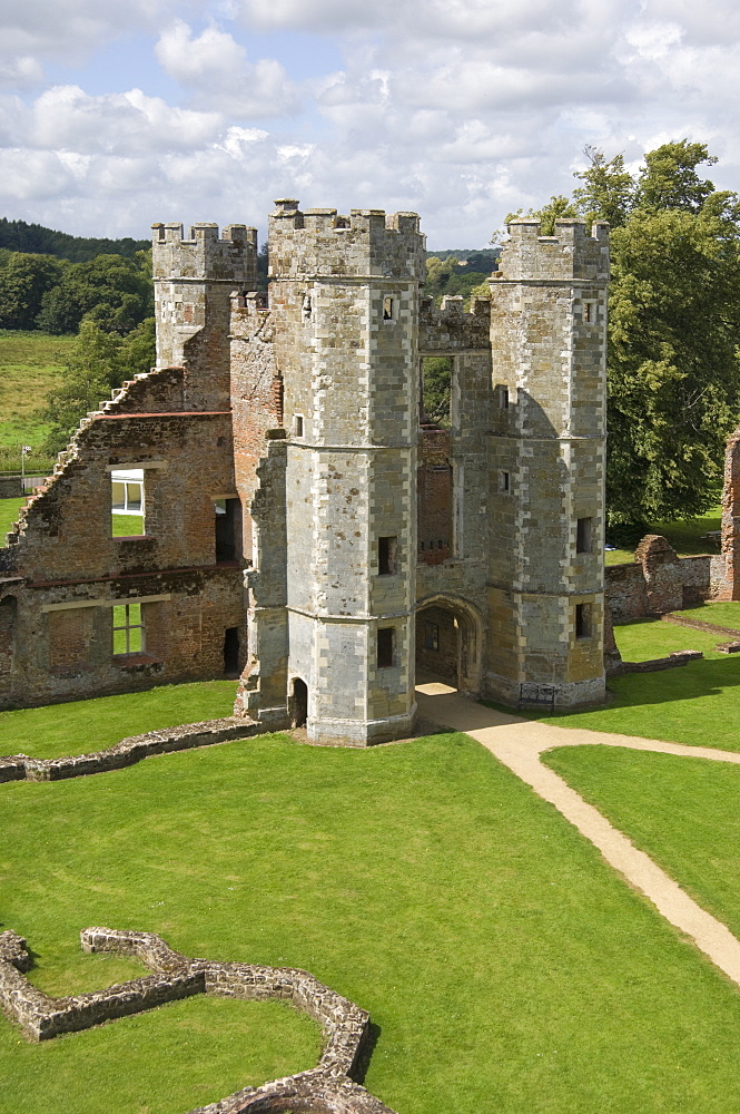 The inner gatehouse to the 16th century Tudor Cowdray Castle at Midhurst, West Sussex, England, United Kingdom, Europe