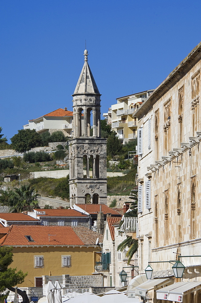 A medieval church belfry in the city of Hvar, island of Hvar, Dalmatia, Croatia, Europe 