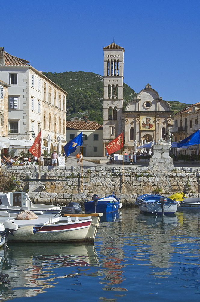 St. Stephen's Cathedral from the old harbour in the medieval City of Hvar, island of Hvar, Dalmatia, Croatia, Europe 