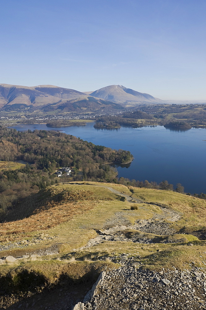 View across Derwent Water, Keswick, to Saddleback Fell from the Catbells Fell path, Lake District National Park, Cumbria, England, United Kingdom, Europe 