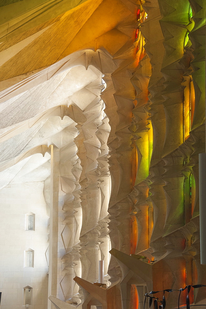 Sunlight through stained glass, Sagrada Familia, Barcelona, Catalunya, Spain, Europe 