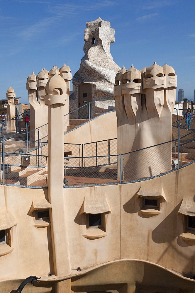 Group of grotesque chimneys on the roof of La Pedrera (Casa Mila), UNESCO World Heritage Site, Passeig de Gracia, Barcelona, Catalunya, Spain, Europe 