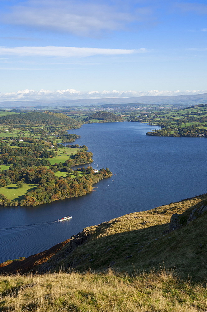 View from Hallin Fell over Lake Ullswater, Penrith and the Pennine in the distance, Lake District National Park, Cumbria, England, United Kingdom, Europe