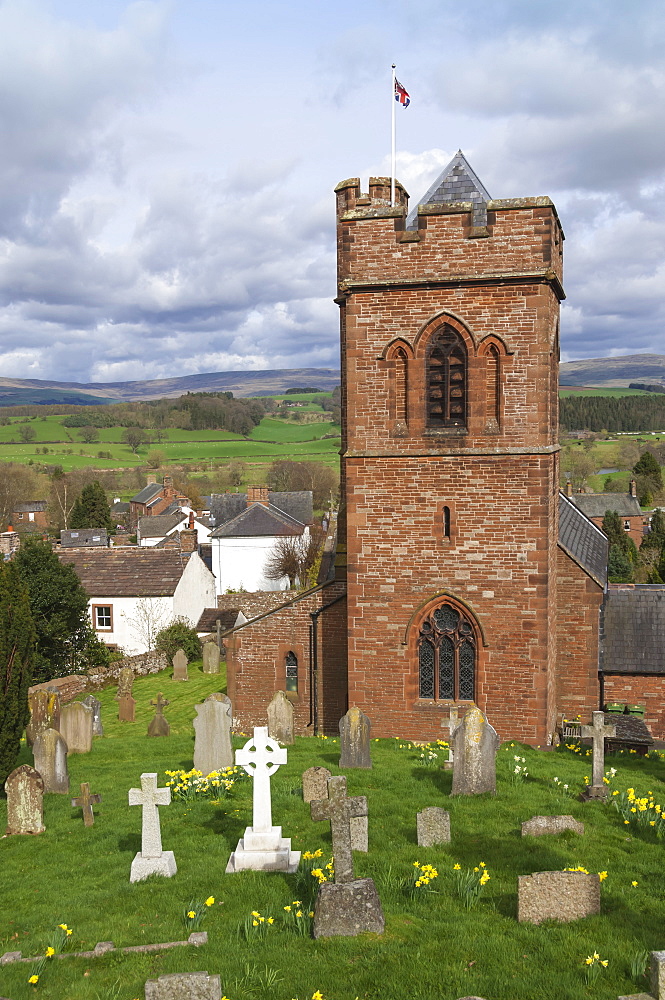 St. Nicholas Church, mid 19th century, Crucifixion Window by Mayer of Munich, Lazonby Village, Pennine Ridge beyond, Eden Valley, Cumbria, England, United Kingdom, Europe