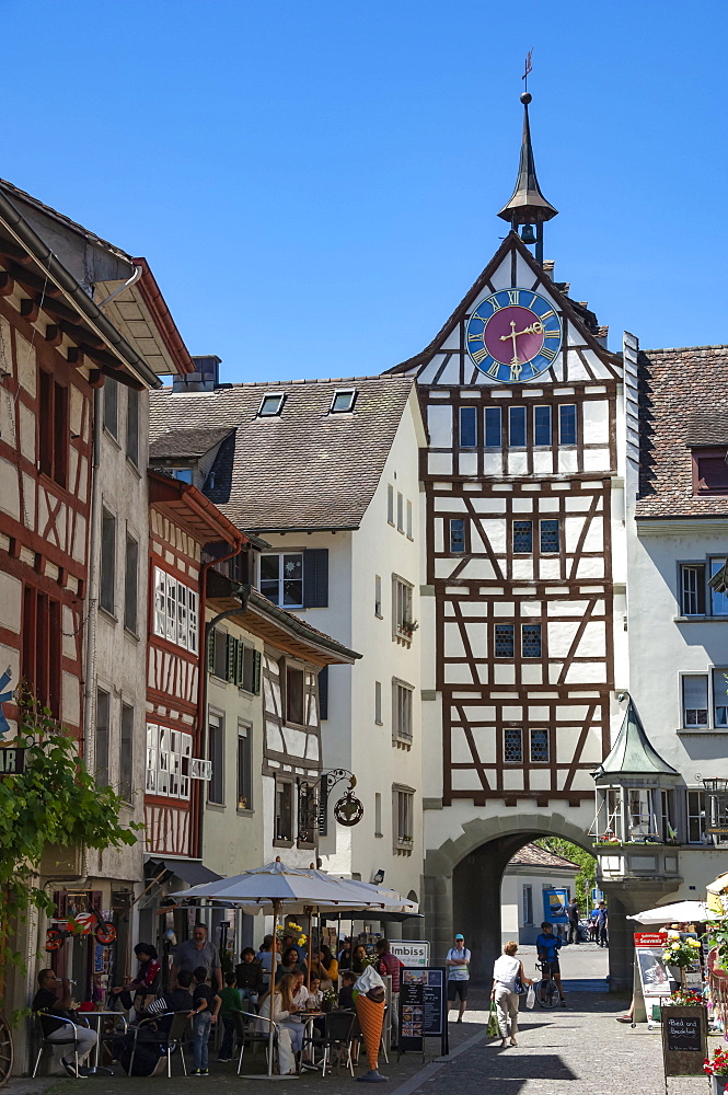 Traditional architecture, mural, Gate Tower and clock, Street scene, Stein am Rhein, Schaffhausen, Switzerland, Europe