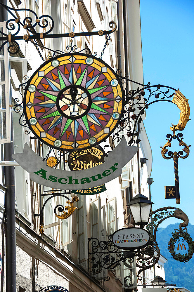 Elaborate Shop Sign, Getreidegasse, Altstadt, Mozarts Birthplace, UNESCO World Heritage Site, Salzburg, Auistria, Europe