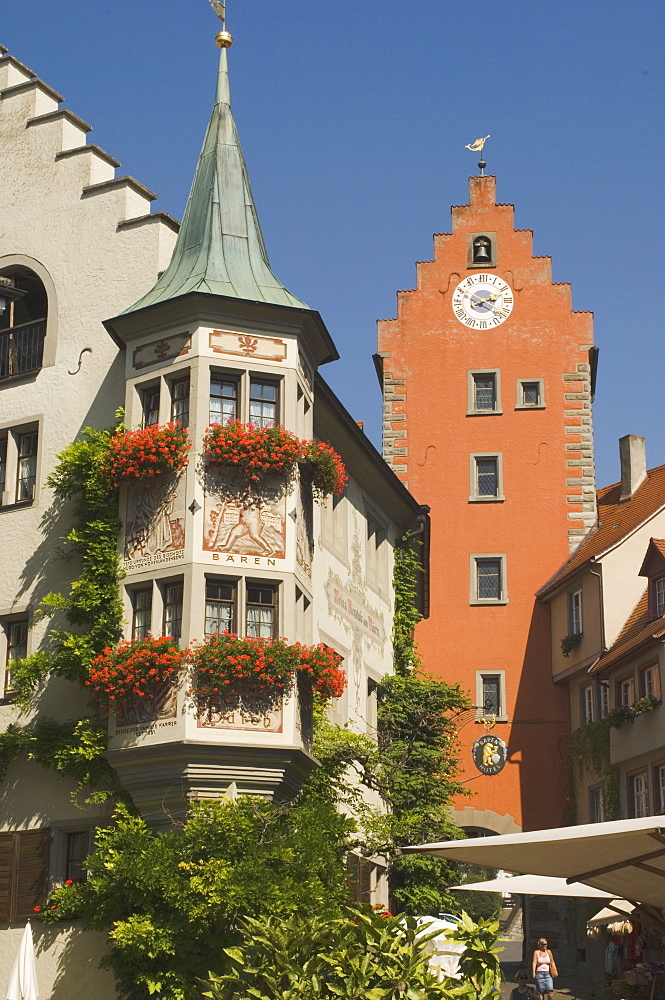 Traditional detail, corner and gate towers, Meersburg, Baden-Wurttemberg, Lake Constance, Germany, Europe