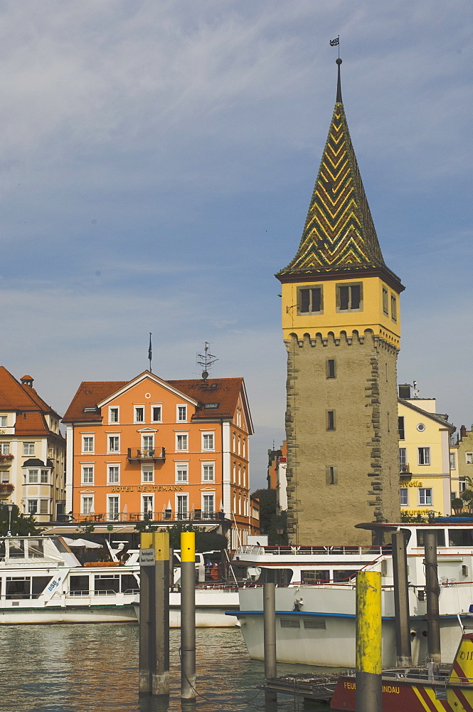 Harbour waterfront with observation tower, Lindau, Bavaria, Lake Constance, Germany, Europe