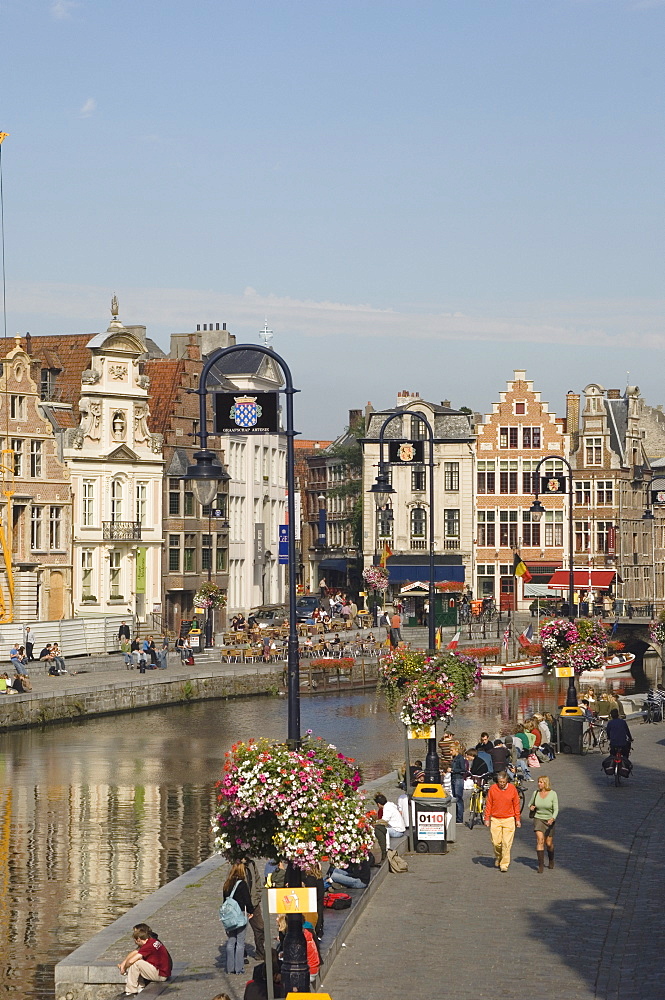 View of the riverside with merchants premises, Ghent, Belgium, Europe