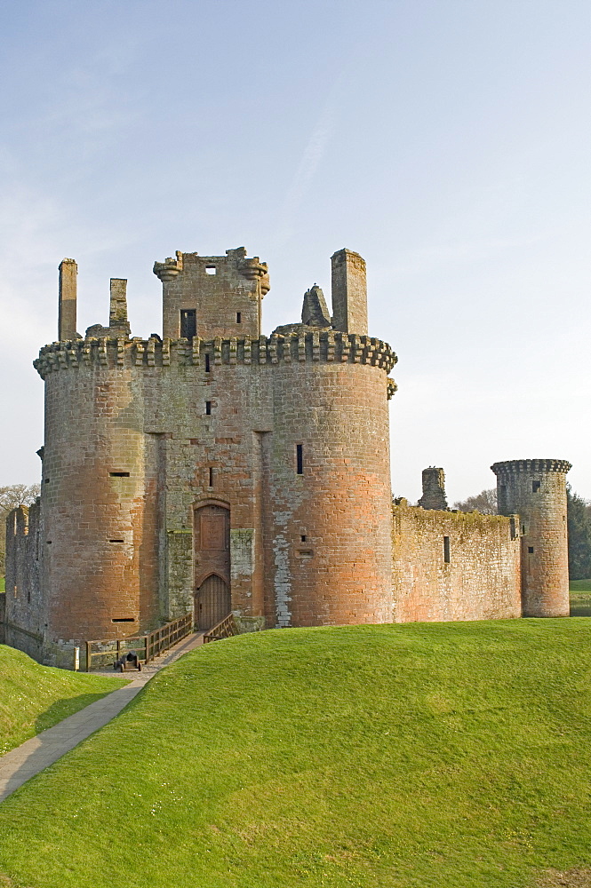 Moated medieval stronghold of Caerlaverock Castle, Dumfries and Galloway, Scotland, United Kingdom, Europe