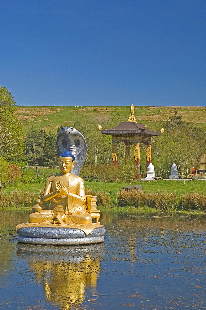 The Shrine Pond and Monastery Gateway, Kagyu Samye Ling Monastery and Tibetan Centre, Eskdalemuir, Dumfries and Galloway, Scotland, United Kingdom, Europe