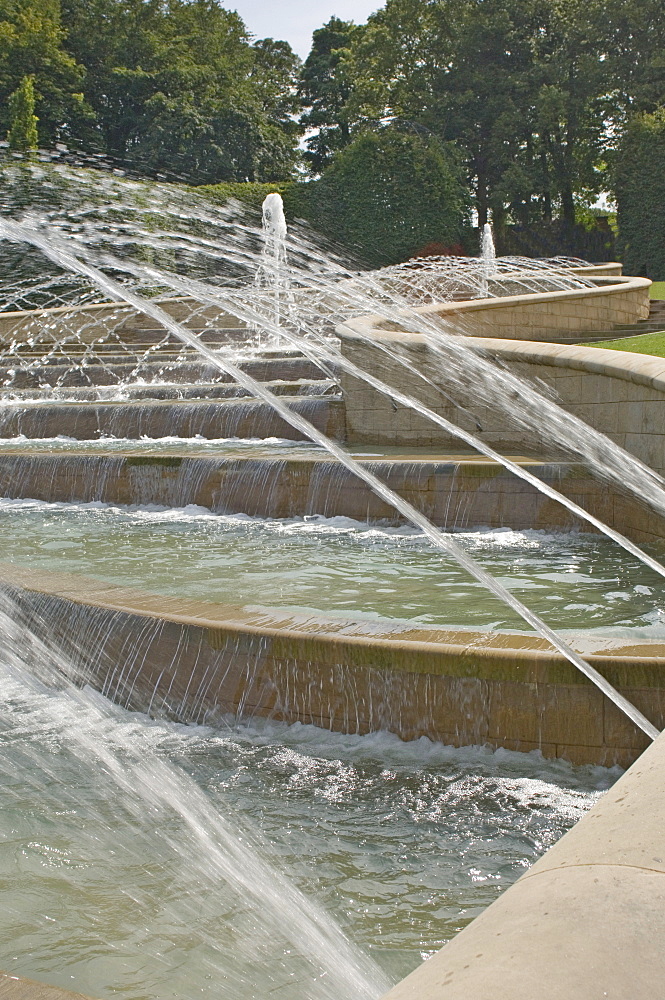 The fountains, Alnwick Gardens, Alnwick Castle, Northumbria, England, United Kingdom, Europe