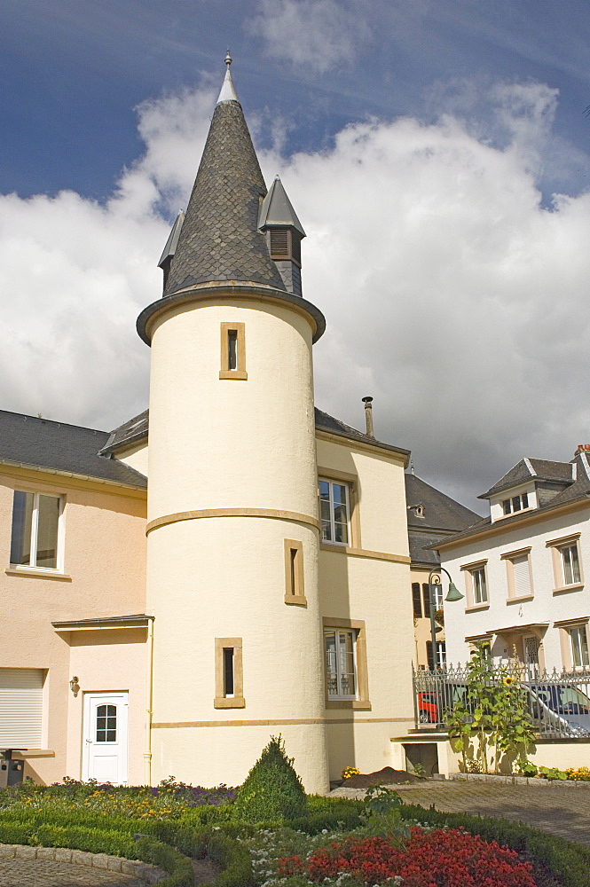 A gate tower at the Schloss, on the wine trail at Schengen, Luxembourg Moselle, Luxembourg, Europe