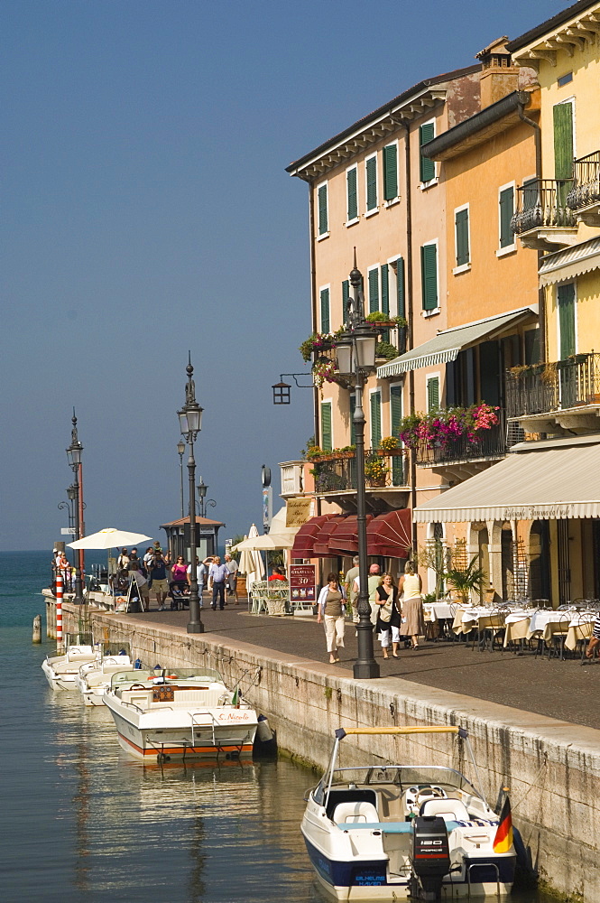 Harbour entrance and quayside, Lazise, Lake Garda, Veneto, Italy, Europe