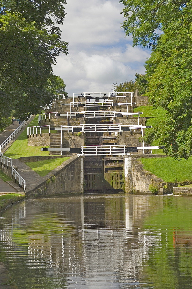 The five lock ladder on the Liverpool Leeds canal, at Bingley, Yorkshire, England, United Kingdom, Europe