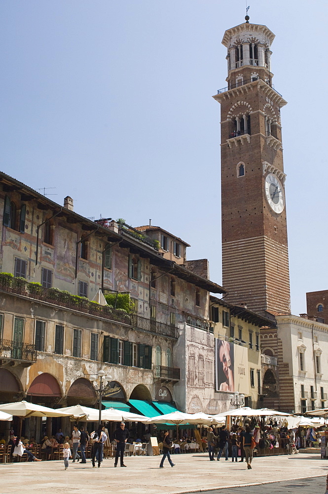 Tower Lombardy, 83 metres high, and the market in Piazza della Erbe, Verona, Veneto, Italy, Europe