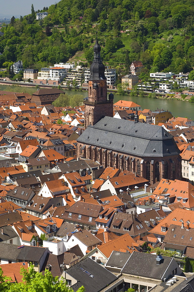 View from the castle over the old city of Heidelberg and the River Neckar, Baden-Wurttemberg, Germany, Europe