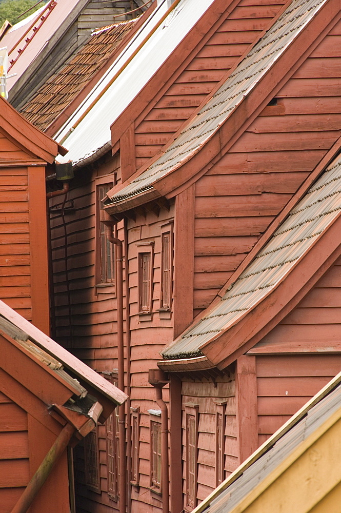 View of the wooden buildings of the Bryggen area, UNESCO World Heritage Site, Bergen, Norway, Scandinavia, Europe