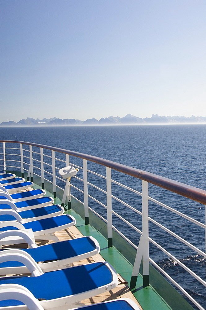 Cruise ship, view from sun deck, Lofoten Islands, northern Norway, Scandinavia, Europe