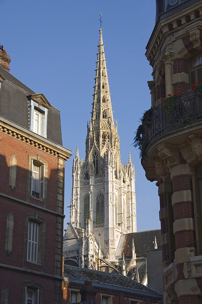 The tower and cast iron spire of 1876 of the Cathedrale Notre Dame, Rouen, Haute Normandie, France, Europe