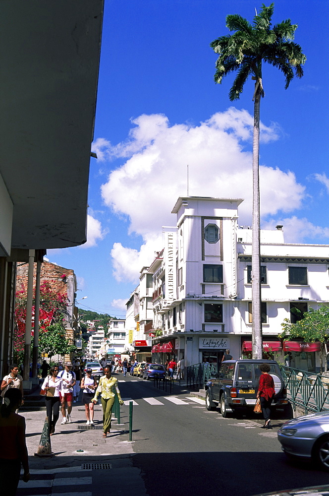 Street scene with Galeries LaFayette in centre of Fort de France, Martinique, Lesser Antilles, West Indies, Caribbean, Central America