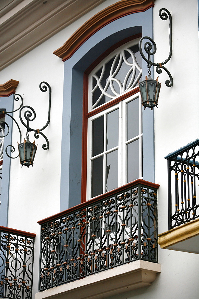 House facade of colonial building in Ouro Preto, UNESCO World Heritage Site, Minas Gerais, Brazil, South America 